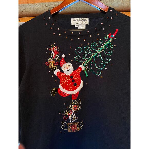 Vtg Jack B Quick Santa Christ Tree‎ Embroider Embellish Blk LP Knit Top  Sweater - Picture 2 of 10